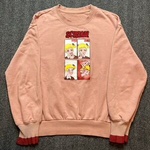 Pink and red crewneck sweatshirt with a unique anime style  graphic in the front